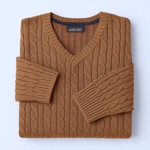 St. John's Bay Mens Cable Knit Sweater Brown Cotton Blend V Neck Classic Medium‎